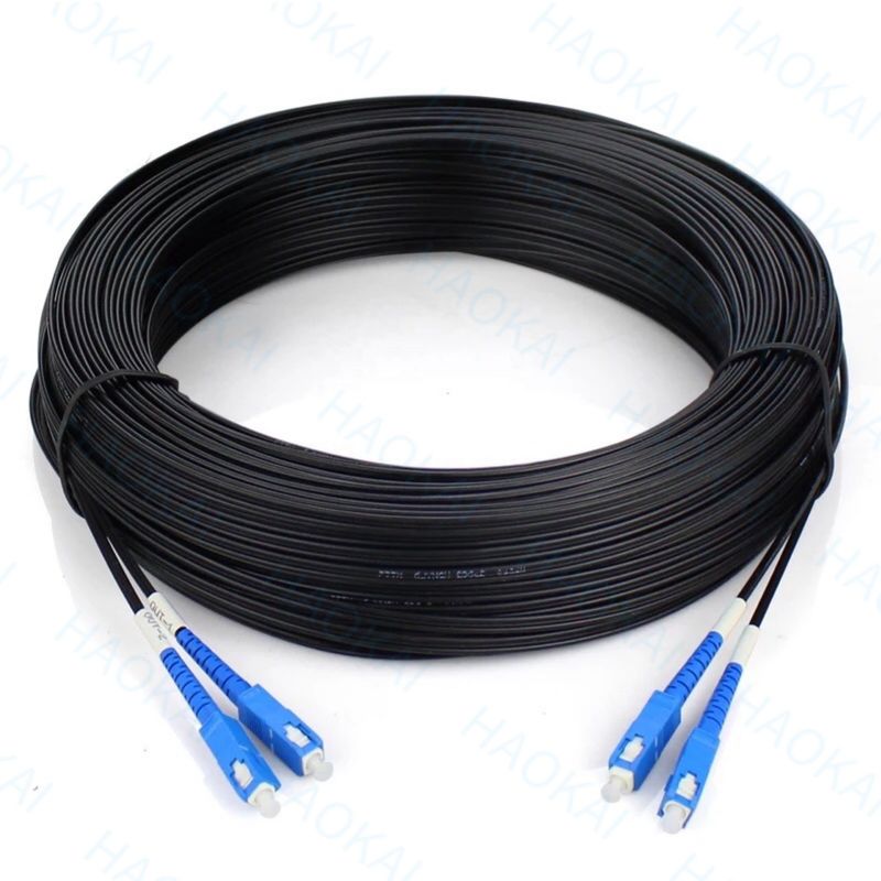आउटडोर FTTH पैच कॉर्ड 2कोर स्टील वायर ड्रॉप फाइबर ऑप्टिकल केबल 2SC-2SC कनेक्टर